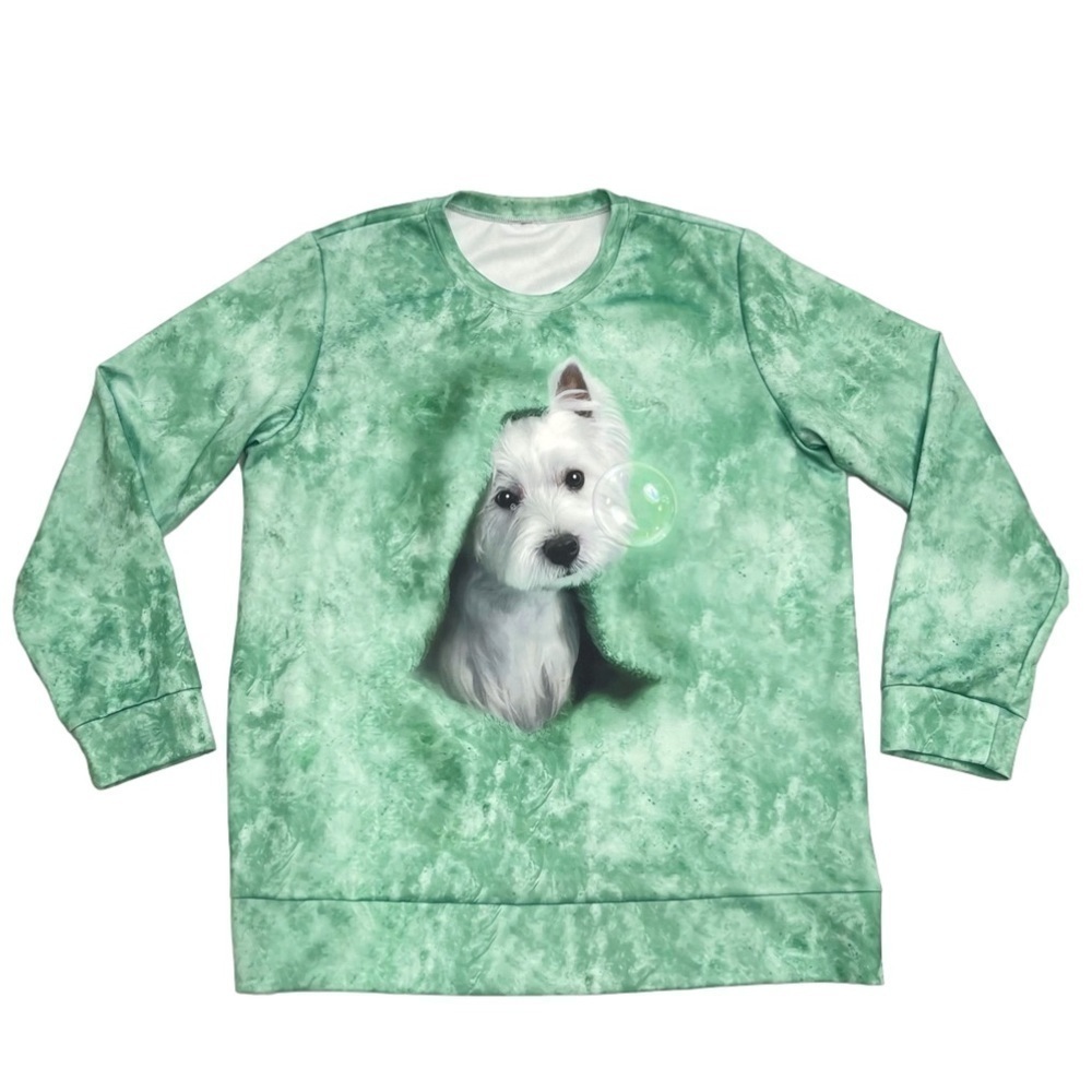 Graphic sweater with realistic terrier dog fits XL green abstract tie dye